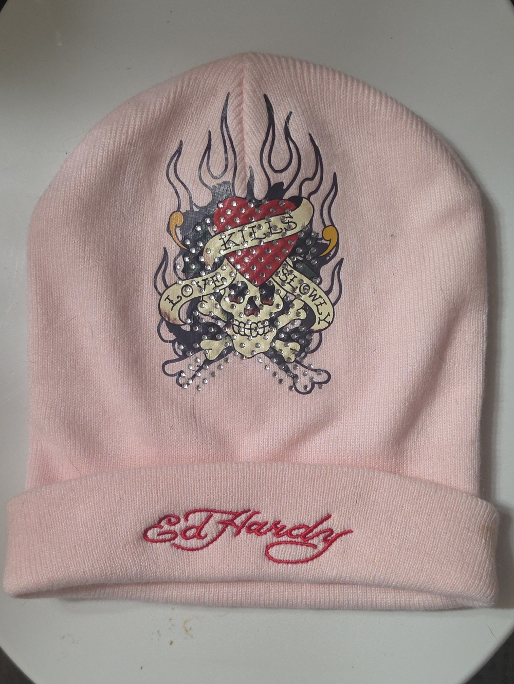 Ed Hardy Womens Light Pink Beanie with Skull & Heart Motif